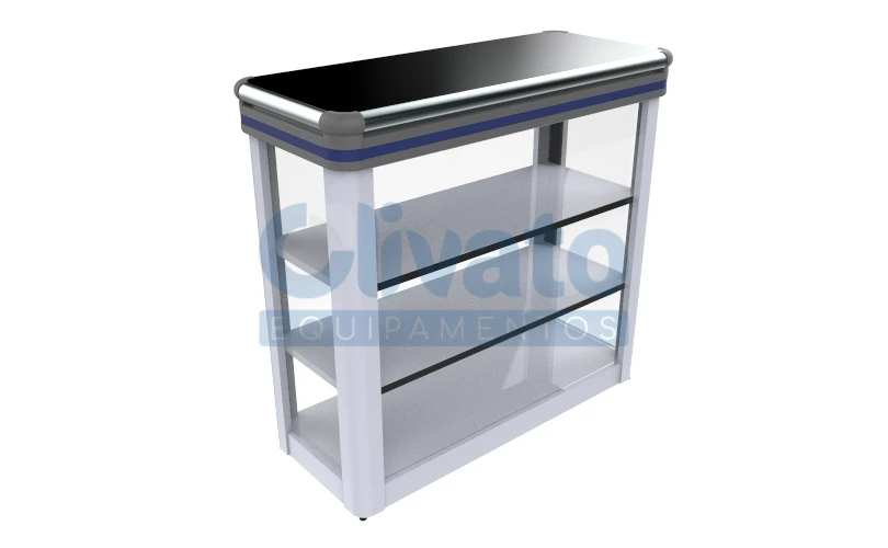 Balcão Vitrine Luxo - Tampo em Aço Inox - Prateleira em Aço Inox